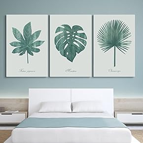 3 Panel Canvas Wall Art - Retro Style Large Green Tropical Leaves - Giclee Print Gallery Wrap Modern Home Art Ready to Hang - 16"x24" x 3 Panels