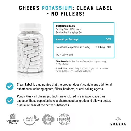 Cheers Natural Potassium Citrate Capsules 333mg 90 Vegan Potassium Tablets 1000mg Daily
