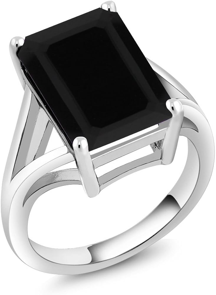Gem Stone King 925 Sterling Silver Black Onyx Solitaire Ring 6.60 Ct Gemstone Birthstone, 14x10mm Emerald Cut (Available 5, 6, 7, 8, 9): Jewelry