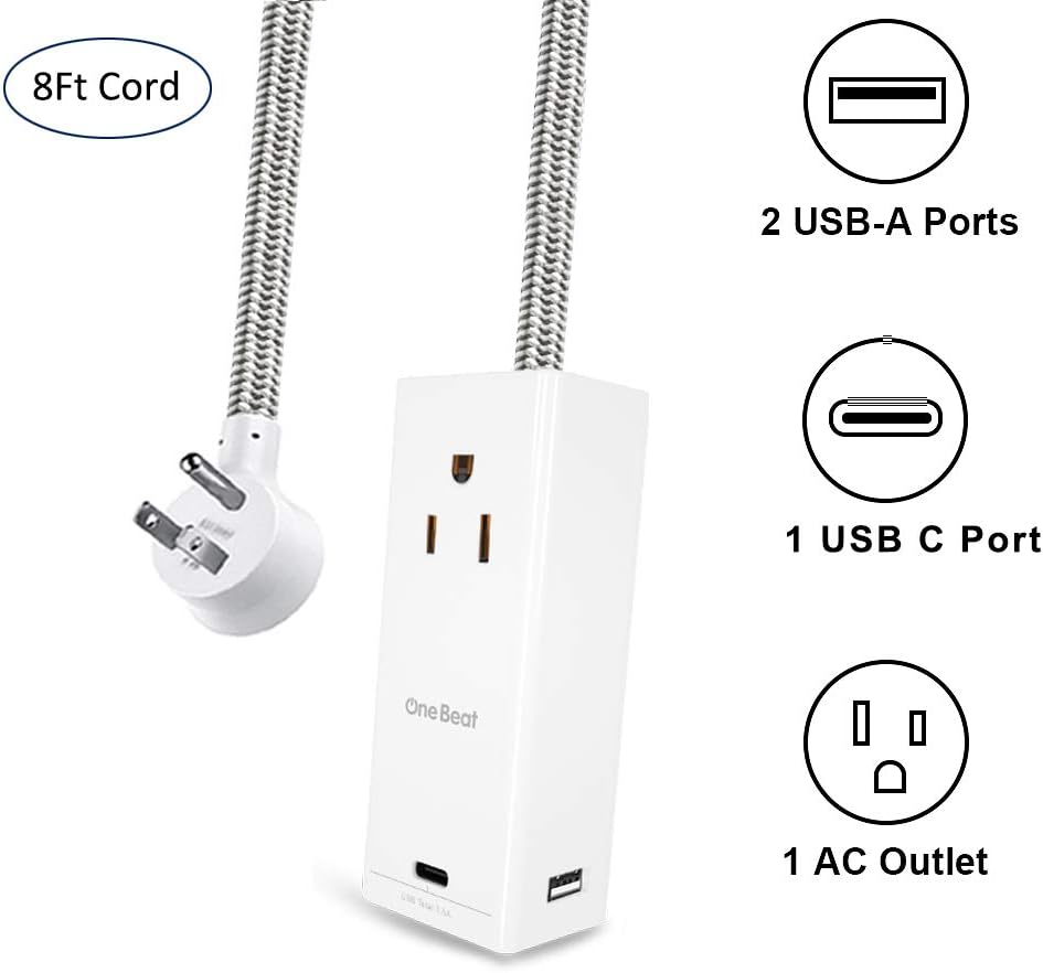 Power Strip with USB C, 8 ft Braided Extension Cord Surge Protector with 3 USB Charging Ports(3.5A Total), Flat Plug, Desktop Charging Station for Home Travel Cruise Ship - White
