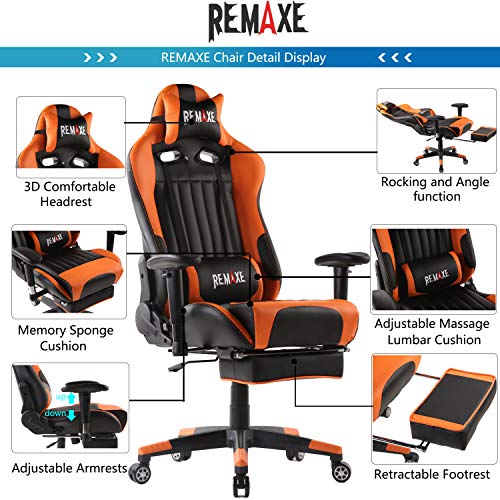 Sedia-da-Gioco-Ergonomica-e-Girevole-per-Computer-di-Randi-Dimensioni-con-poggiapiedi-a-Scomparsa-poggiatesta-e-Cuscino-massaggiante-Lombare-Realizzata-in-Pelle-PU-Colore-Disponibile-Orange