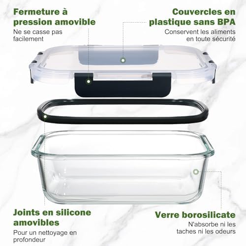 Lot de 5 récipients en verre avec couvercles, 1040 ml, épais et durables, empilables, hermétiques, sans BPA, pour micro-ondes, four, congélateur et lave-vaisselle, Noir