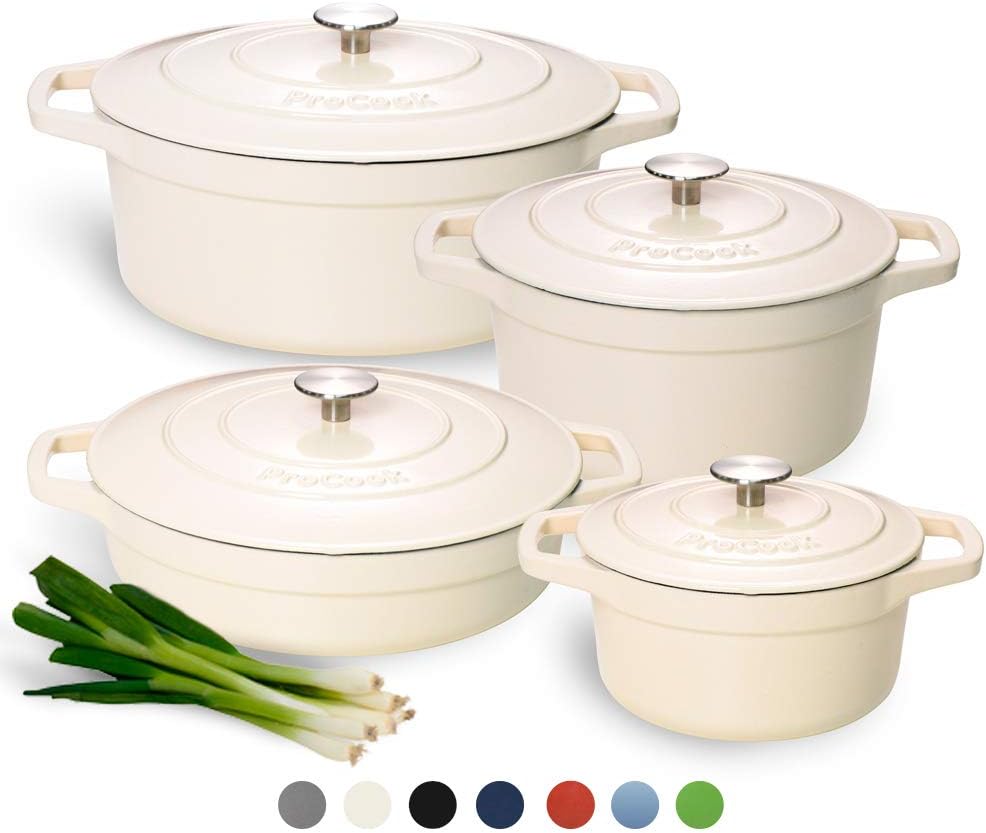 ProCook Set Cocottes Ovale Basse Ronde 30cm 28cm 24cm 20cm Fonte Émaillée Compatible