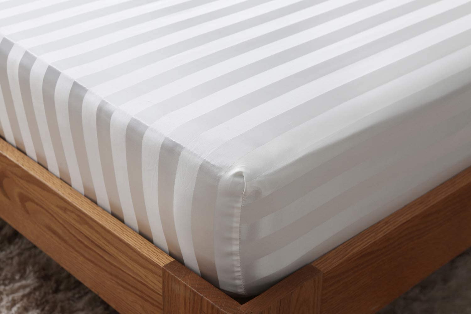 40cm Extra Deep Stripe Fitted Sheet 100% Egyptian Cotton 600 Thread Count Bedsheet Mattress Covers White Grey Bottom Sheets Double King Super King Bed Size (Super King, White)