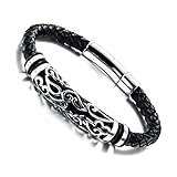 MOWOM Silver Tone Black Stainless Steel Genuine Leather Bracelet Bangle Cuff