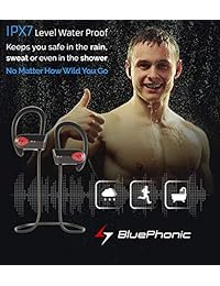 Auriculares inalámbricos con Bluetooth de Bluephonic, sonidos graves muy profundos DeepBassX, sonido de alta definición, certificados IPX7, resistentes al sudor y agua. auriculares para hacer ejercicio, auriculares con dispositivo de cancelación de ruidos