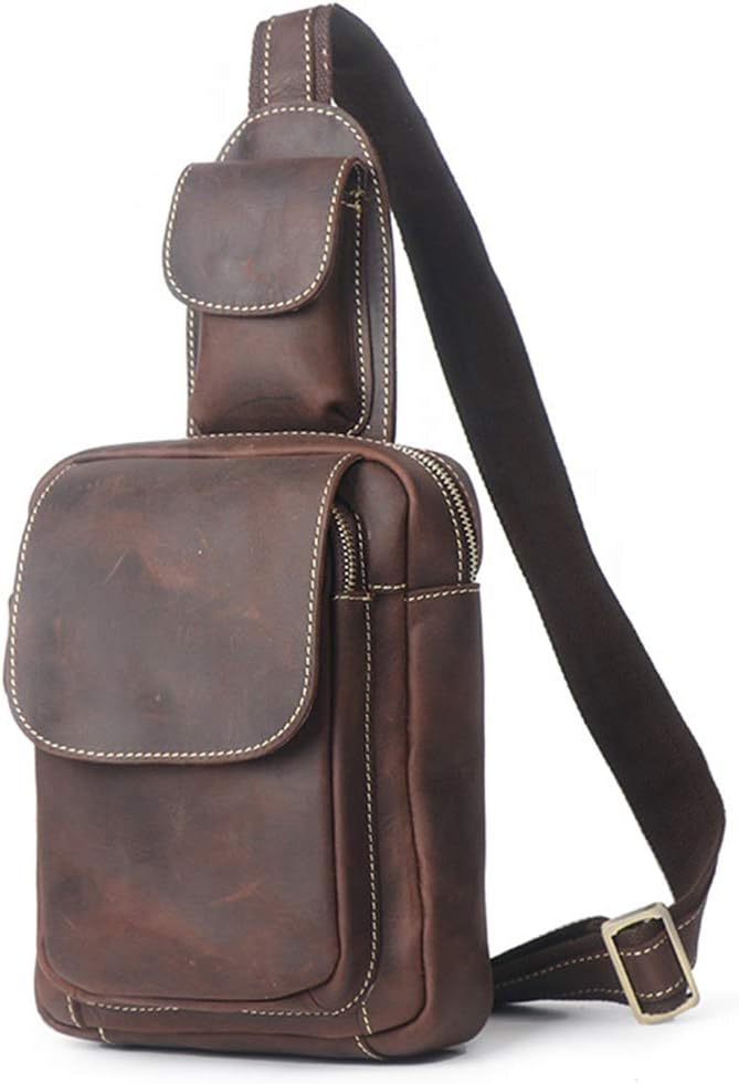 vintage Men's real Leather chest bag Business Casual Outdoor Sling Bag (Style 23 - Dark brown)