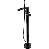 Wowkk Waterfall Freestanding Bathtub Faucet Black Floor Mount Tub Filler Brass Single Handle Bathroom Faucets with Hand Showe