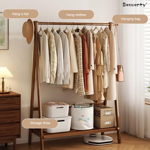 Beauenty Bamboo Clothes Racks, Freestanding Clothing Hanger with Storage Rack, Clothes Hanging Shoe Rack, Coat Organizer for Hotel, Hallway, Bedroom, Office (100x46x144 cm)