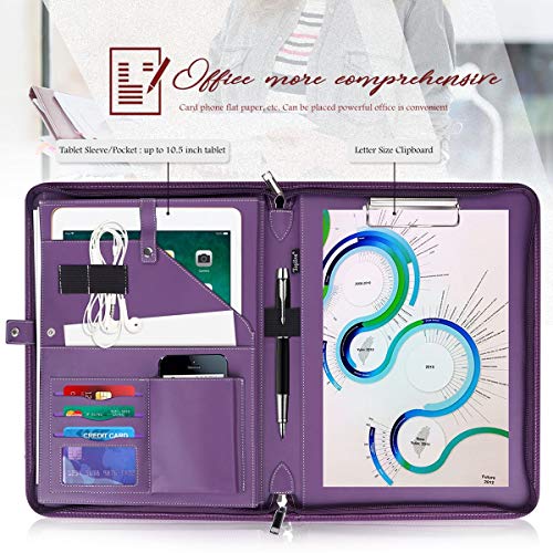Toplive Zippered Padfolio Portfolio Case,Executive Business Conference Folder Document Organizer with Letter/A4 Size Clipboard, Business Card Holder,Purple - Thumbnail 3