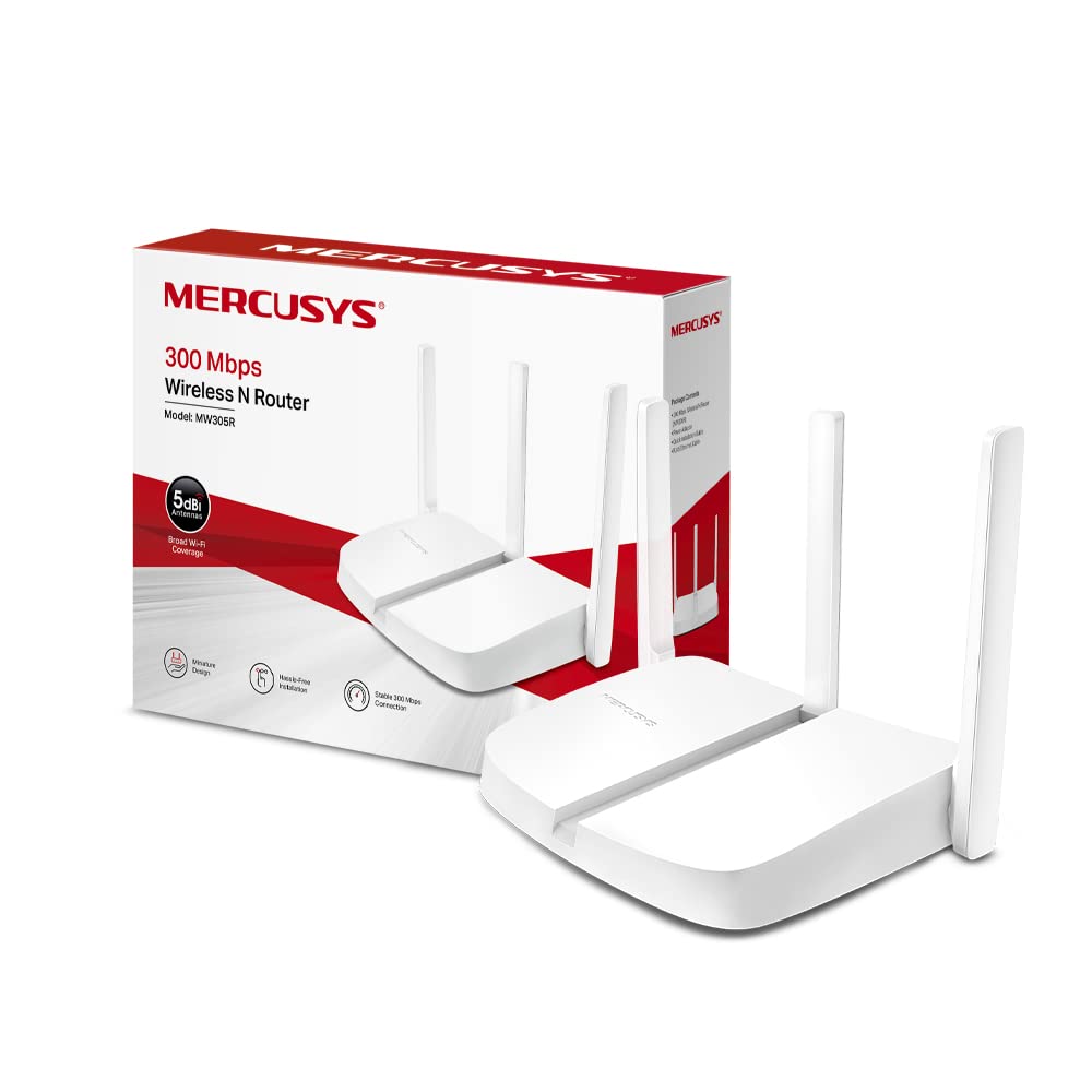 MERCUSYS 300 Mbps Wireless N Router with three 5dBi antennas, Plug & Play, no configuration required (MW305R)