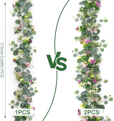 ASTNIC 2 Pack 5.68FT Artificial Eucalyptus Flower Garland with 3D Butterfly, Fake Hanging Plants Floral Vines Greenery Daisy Eucalyptus Garland for Wedding Backdrop Arch Wall Party Table Runner Decor