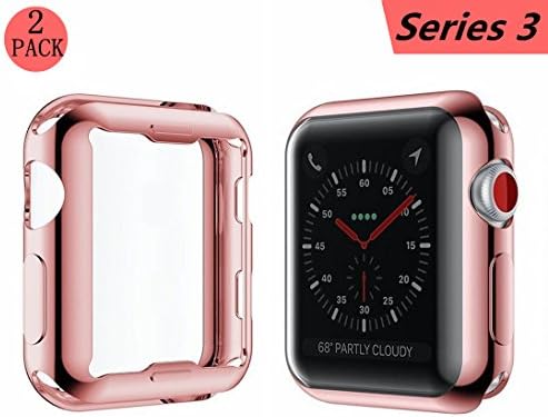 Smilelane Screen Protector Apple Watch 3 Case, iwatch Soft Flexible TPU All-Around Protective Case High Defination Clear Ultra-Thin Cover for Apple Watch Series 3 38mm (1 Rose-Pink + 1 Transparent)