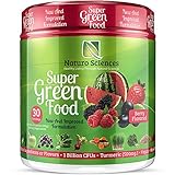 100% Natural Greens Powder, Over 10 Hard to Get Superfoods, Greens Supplement Powder 1 Month's Supply, Green Organic Blend with 1 Billion CFU Probiotics and 500mg Turmeric, Berry Flavor