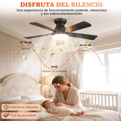 Ventilador de Techo con Luz de 42 Inch/107cm, Montaje Empotrado con Control Remoto, Silencioso de 5 Aspas, 3cct+6 Velocidades, Motor Reversible, Negro