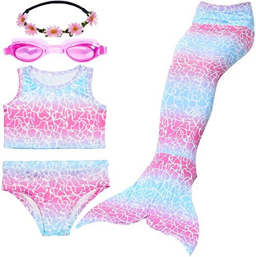 Mermaid Swimsuit, Mermaid Tails for 3-12 Years Old Girls, Swimming Princess Sea-Maid Bikini Set + Garland + Swim Goggles (JP85, 140(8-10Y)) (JP85, 130(6-8Y))