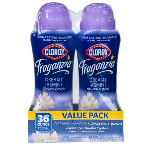 CLOROX FRAGANZIA IN-WASH SCENT BOOSTER CRYSTALS IN DREAMY JASMINE SCENT, TWINPACK 2X 18OZ, TOTAL 36OZ| LAUNDRY SCENT BOOSTER CRYSTALS | DREAMY JASMINE, LIGHT FLORAL LAUNDRY FRAGRANCE