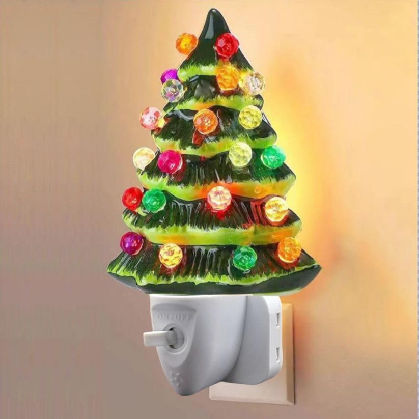 Omana Ceramic Christmas Tree Night Light, Direct Plug, Plugin, Children Bedroom, Multicolor Bulbs & 360 Degree Swivel Plug with ON/Off Switch (Green)