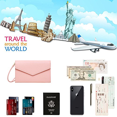 Krosslon Rfid Passport Holder Wristlet Travel Wallet Trifold Documents Organizer Slim Purse, Fit US UK CA Passport Cover Traveling Accessories for Women, Rose Quartz(205#)