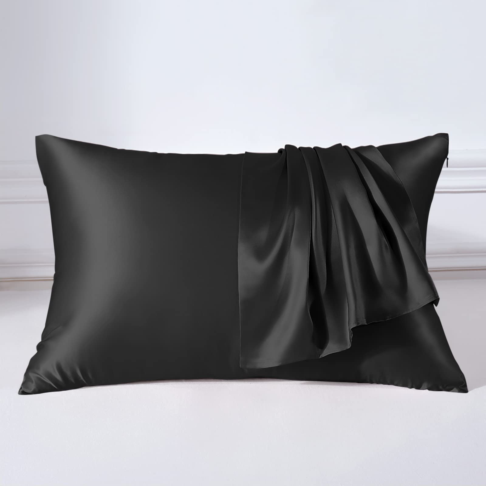 THXSILK 22 Momme Silk Pillow Case for Hair and Skin - Mulberry Silk Pillow Case - Hypoallergenic with Hidden Zipper - Pure Silk on Both Sides, Silk, Black, 50 x 75 cm