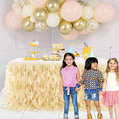 Netbros Champagne Tutu Table Skirt Decoration - 6FT Table Skirts for Rectangle Tables with Double Layer Organza Willows for Wedding, Party, Baby Shower, Cake Dessert Buffet Table Decorations