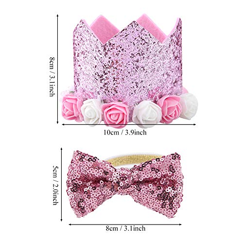 Dogs Hat, Fashionable Christmas Birthday Party Pet Dogs Cats Shiny Flower Crown Hat Bow Tie Set(Pink)