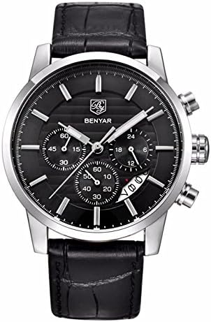PHCOOVERS Men's Quartz Chronograph Auto Date Watches Black Business Leather Band with box