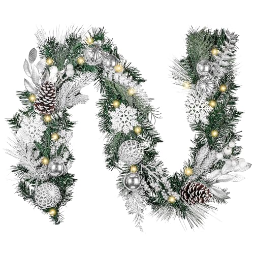 VALERY MADELYN 183 cm weihnachtsgirlande mit Beleuchtung, 20 LED Timer, Christmas Tannengirlande mit Weihnachtskugeln Tannenzapfen für Treppe Tisch Kaminsims Außen, Silber Weiß