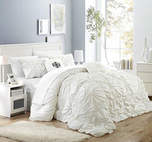 Chic Home 10 Piece Halpert Floral Pinch Pleat Ruffled Designer Embellished Comforter Set, King, White with 4 Piece White Sheet Set