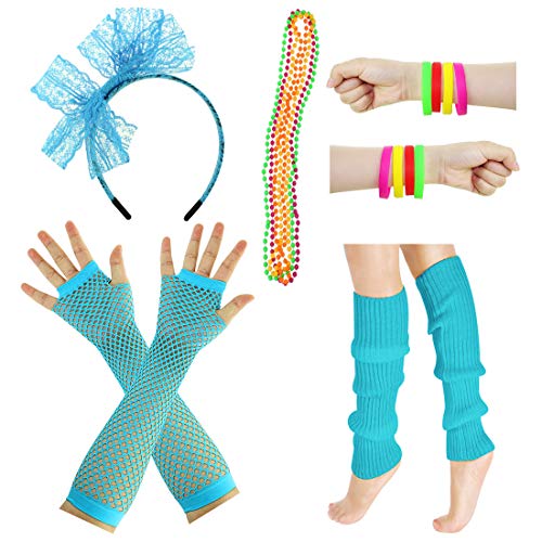 JINSEY Women's 80s Outfit accessories Leg Warmers Gloves For 1980s Theme Party Supplies-Neon Blue