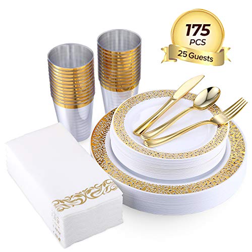 FOCUS LINE 175PCS Gold Disposable Dinnerware Sets for Party Wedding 25 Guests Dinner Plastic Plates Dessert Plates & Plastic Silverware Set & Cups & Napkins