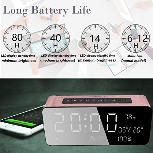 Orionstar Wireless Bluetooth Alarm Clock Radio Speaker with 9.4â€³Digital Screen Display Dimming &HD Sound, Compatible with iPhone/Android/PC4/Aux/MicroSD/TF/USB, for Office Bedroom Model A10 Pink