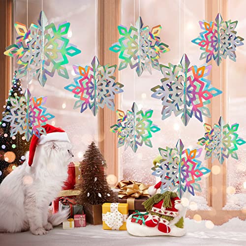 JOHOUSE 12PCS Paper Snowflake Decorations, 3D Iridescent Snowflake Garland Glittery Hanging Snowflake Ornaments for Winter Christmas Home Decorations