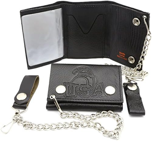 Trifold Black Genuine Leather Wallet with USA Eagle Embossed Design with a Chain
