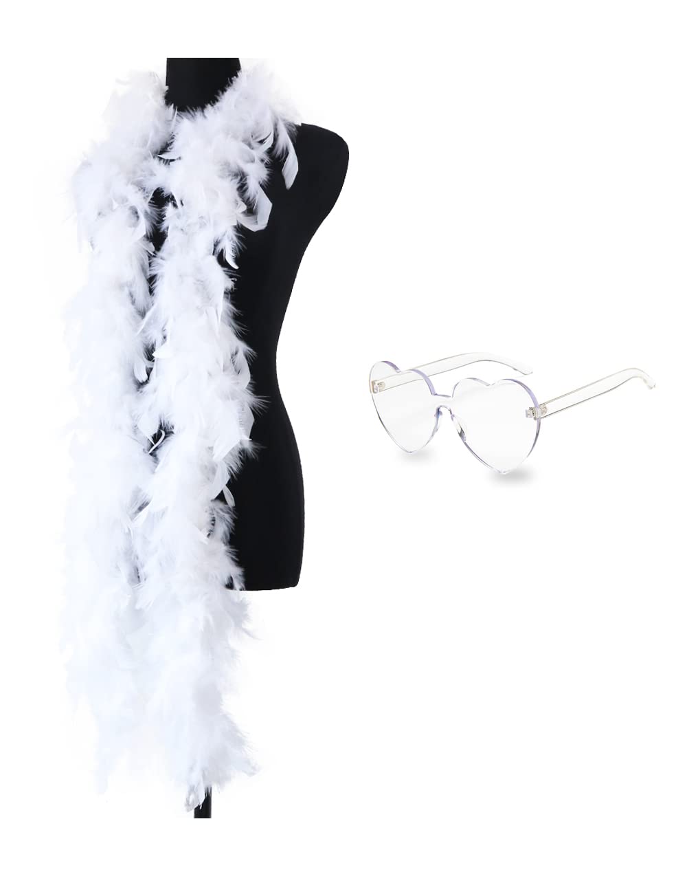 db11 Colorful Feather Boas, 6.6ft Feather Boa for Women for Dancing Wedding Party Cosplay Halloween,with Heart Rimless Sunglasses