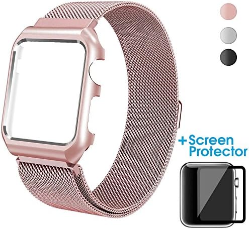 For Apple Watch Band 42mm Rose Gold - Stainless Steel Milanese Full Magnetic iWatch Band Metal Protective Case with Screen Protector for iWatch Series 1 2 3 &amp; Sport &amp; Edition