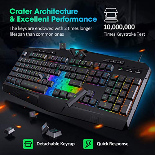 PICTEK RGB Gaming Keyboard USB Wired Keyboard, Crater Architecture Backlit Computer Keyboard with 8 Independent Multimedia Keys, 25 Keys Anti-ghosting, Splash-Proof, Ideal for PC/Mac Game, Black