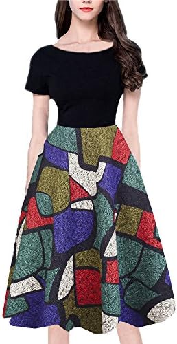 YISHIWEI Women's Pocket Vintage Patchwork Flowers Casual Party Flared Dress (x-Large, Black)