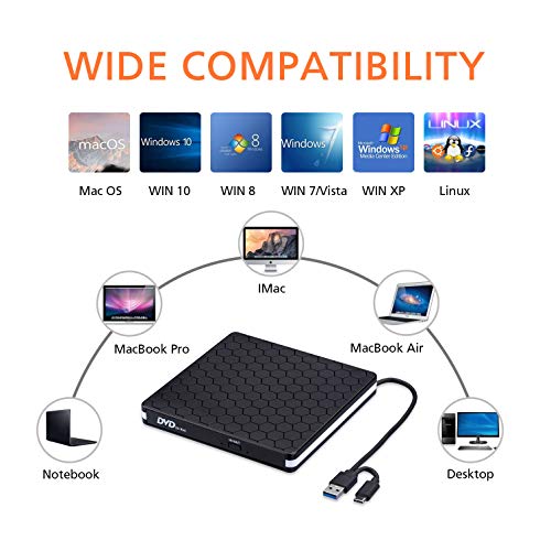 image for External DVD Drive, Amicool USB 3.0 Type-C CD DVD +/-RW Optical Drive 