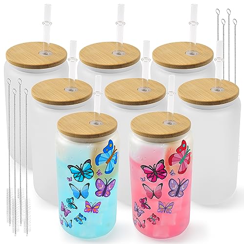 Joyclub 8 Pack Sublimation Blanks Glass Cups with Bamboo Lids and Straws 16 OZ Frosted Glass Beer Cans Mason Jar for Iced Coffee Juice Soda Drinks DIY Gifts