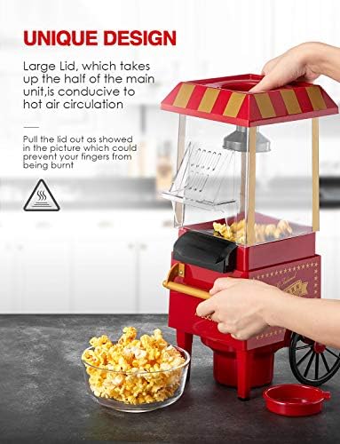 Aicook Machine à Pop Corn, 1200W Retro Machine à Popcorn avec Air Chaud, Sans Gras Huile, Facile á L'utilisation, Rouge