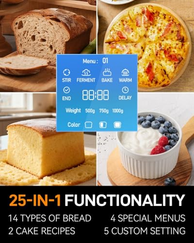 25-IN-1 Automatic Bread Machine | 2lb Size with Visible Lid, Auto Nut Dispenser, One-Touch Display, 13-Hour Delay Timer & Recipes – Easy to Use, High Success for Homemade Bread