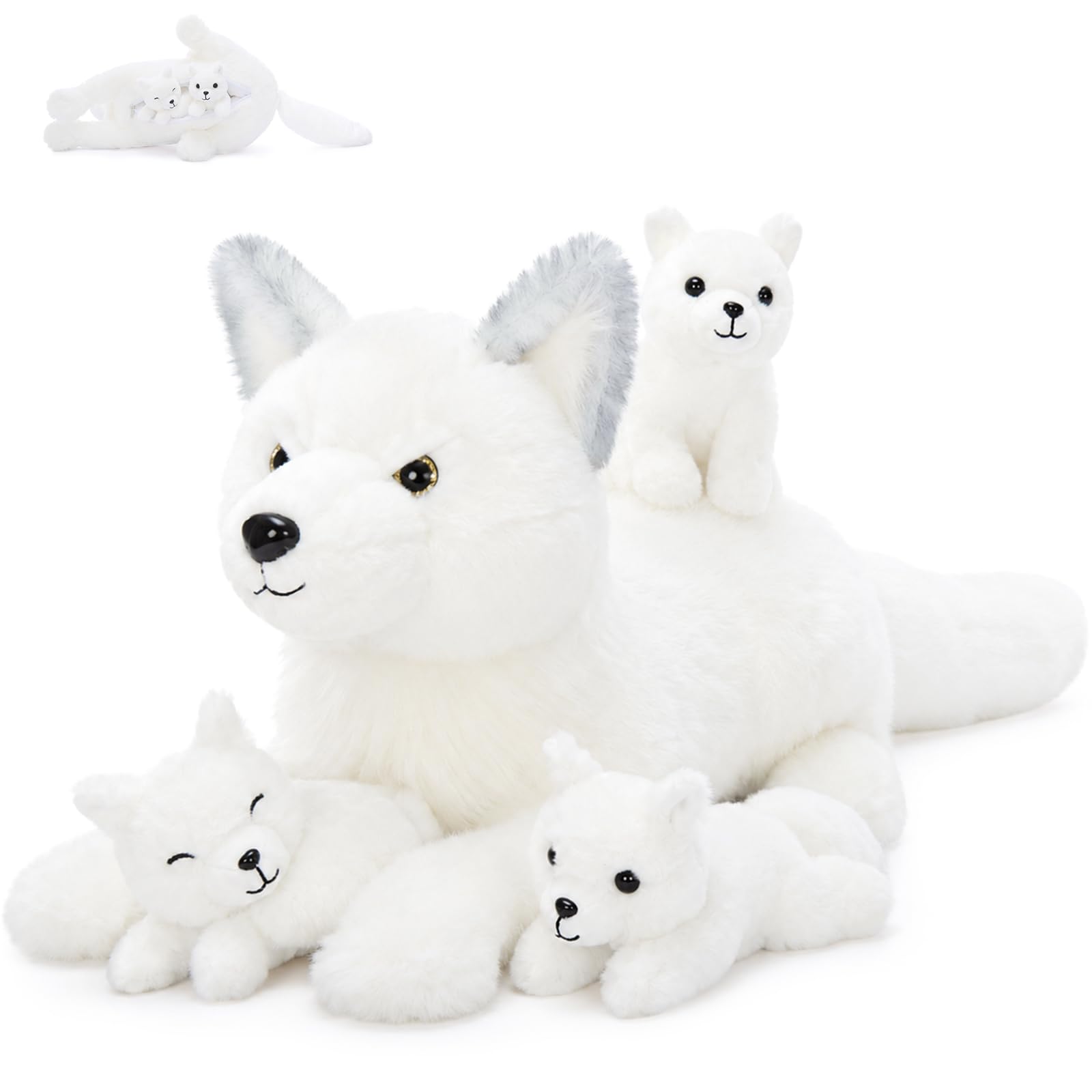 MorisMos groß weiß Fuchs Kuscheltier XXL mit Baby im Bauch, 55cm lang weich riesen Fuchs Stofftier Plüschtier, Geburtstag Weihnachten Geschenk für Kinder Baby