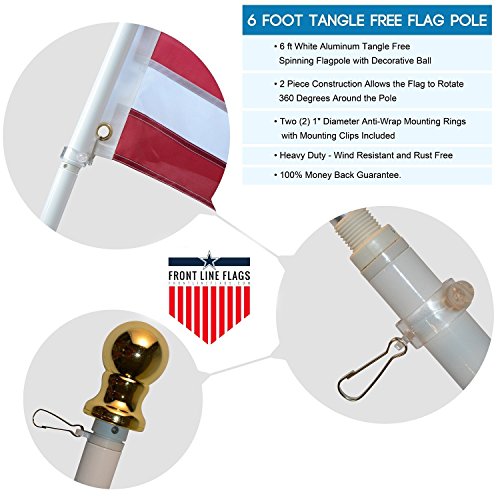 Front Line Flags Flag Pole: 6' Ft White Aluminum Flagpole | Spinning & Tangle Free | Heavy Duty | Wind Resistant and Rust Free | Best Quality Wall Mount Flagpole P/N FL6W