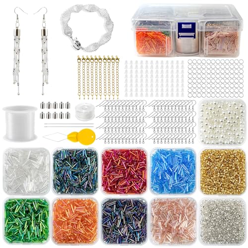 6112pcs 2x9mm Long Glass Tube Beads for Jewelry Making,Beading Starter Kit with Individual Case, 8 Iridescent Colors Slim Bugle Delica 2mm Bead for DIY Earrings Bracelets Necklaces Gift Supplies