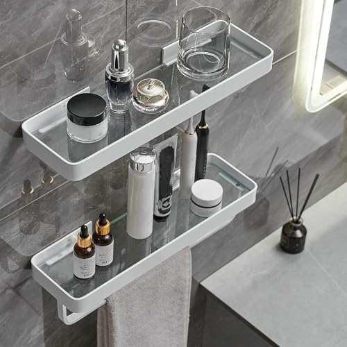 40 CM Wall Mounted Shower Shelves, 2 Tier Bathroom Caddies with Towel Bar, Tempered Glass Floating Shelf, White Bathroom Wall Organizer