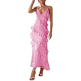 Wenrine Womens Sexy Chiffon Halter Maxi Dress Sleeveless Backless Ruffle Tassel Party Club Dresses
