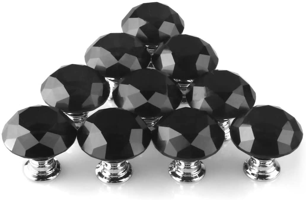 Black Crystal Knobs,MAIKEHOME 10 X 30MM Acrylic Glass Diamond Cut Cabinet Door Drawer Knob Kitchen Dresser Wardrobe Pull Handle with Screws for Home Decorating