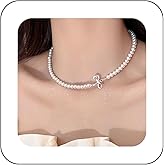 Erimberate Bohemian Bow Pearl Choker Necklace Round Pearl Bow Collar Necklace Silver Cutout Bow Tie Pendant Necklace Hollow Bow Pearl Chain Necklace Jewelry for Women