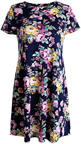 EBUYTIDE Women's Short Sleeve Round Neck Summer Floral Casual Flared Midi Swing Dress Large(Dark blue)